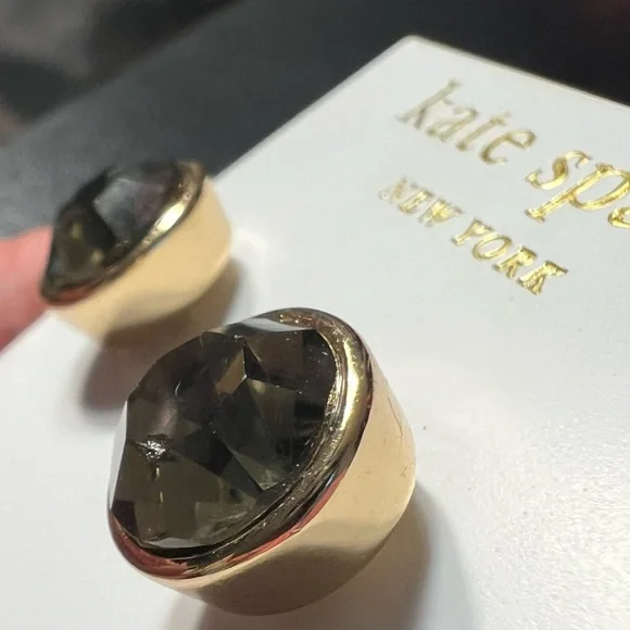 Kate Spade Smokey Gray Faux Quartz Faceted Stud Gold Tone Earrings - Picture 6 of 6
